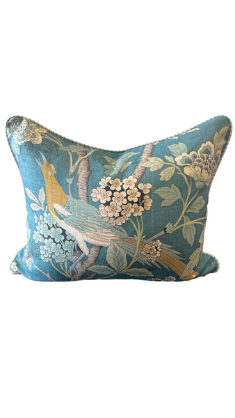 Magnolia Teal Songbird Cushion with Striped Piping 50cm x 60cm