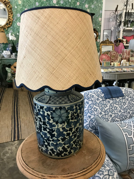 Magnolia Rattan Lampshade with Navy Trim