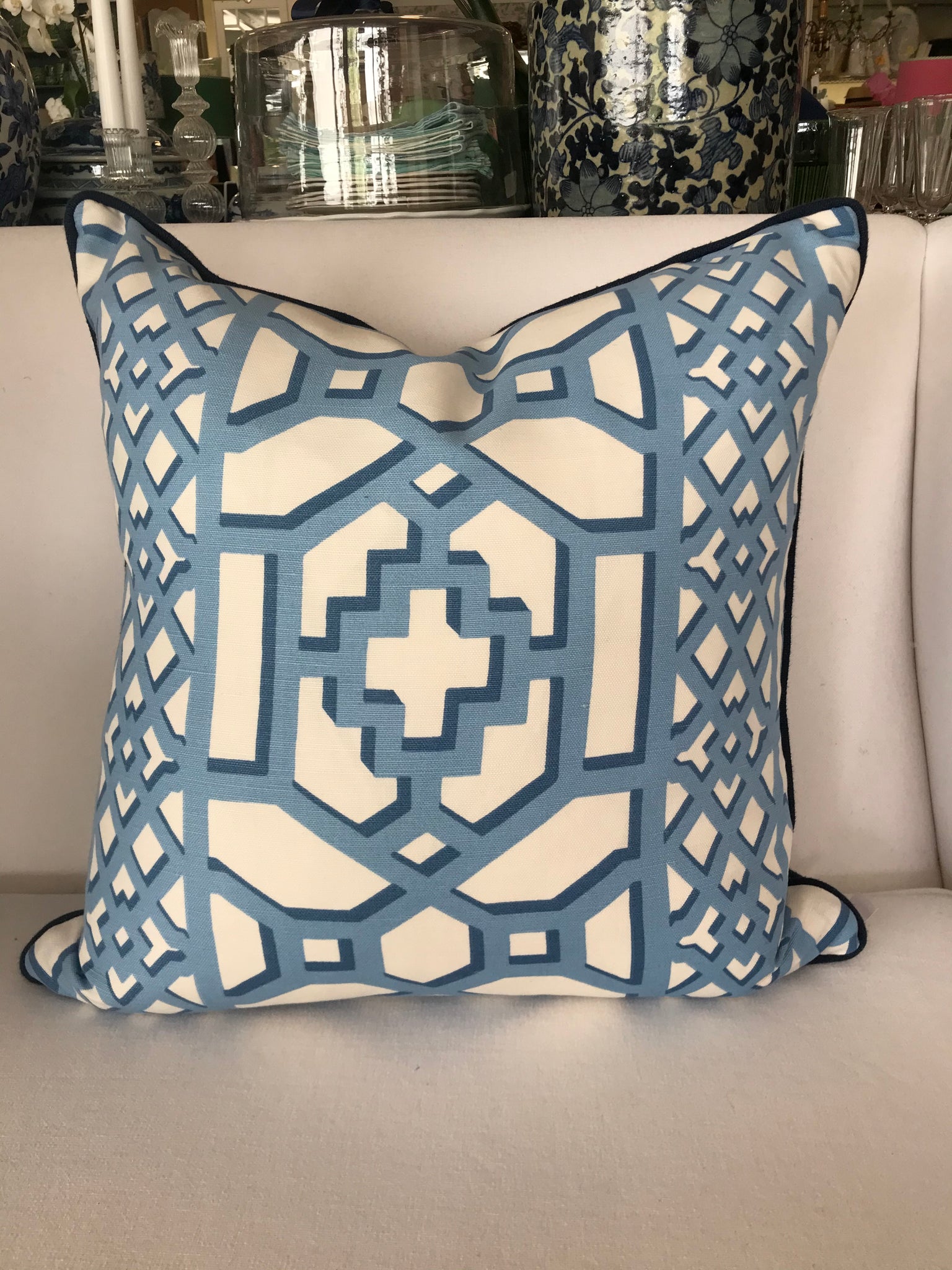 Magnolia Sky Blue/Navy Trellis Cushion 55cm x 55cm